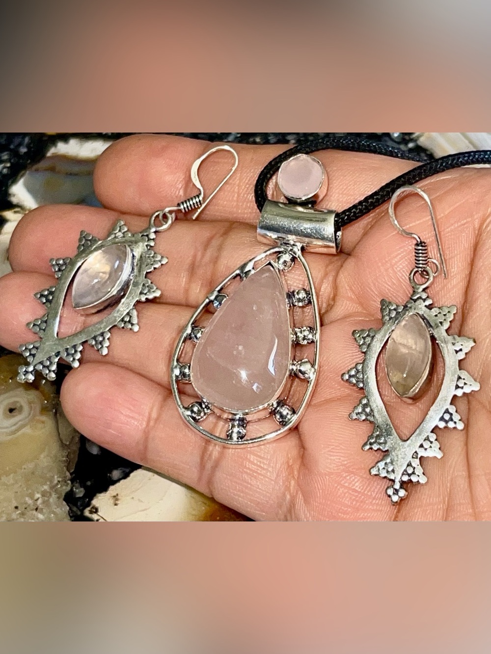Beautiful Set of Rose Quartz Crystal Pendant & Earrings Set